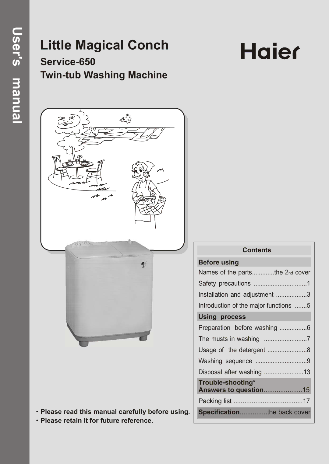 Haier user manual Little Magical Conch, Service-650 Twin-tub Washing Machine 