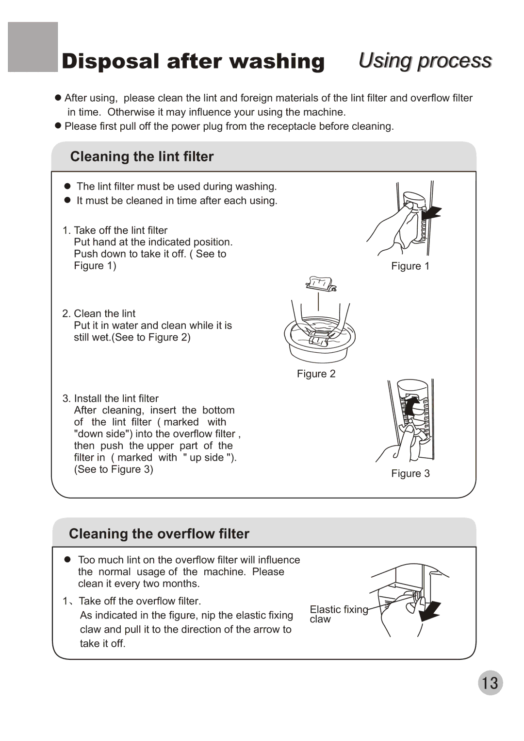 Haier 650 user manual Disposal after washing Using process, Cleaning the lint filter 