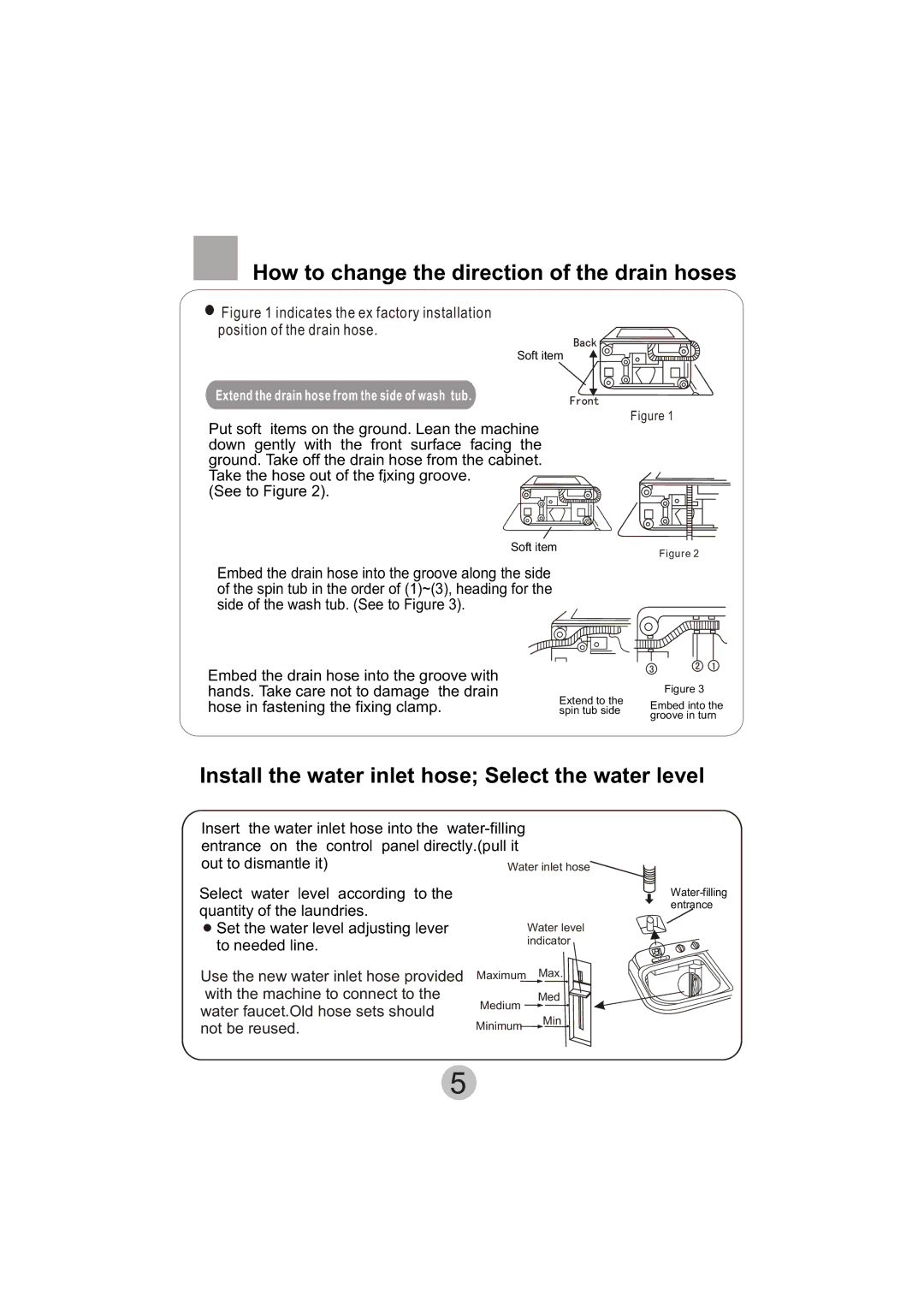 Haier A6-707 How to change the direction of the drain hoses, Install the water inlet hose Select the water level 