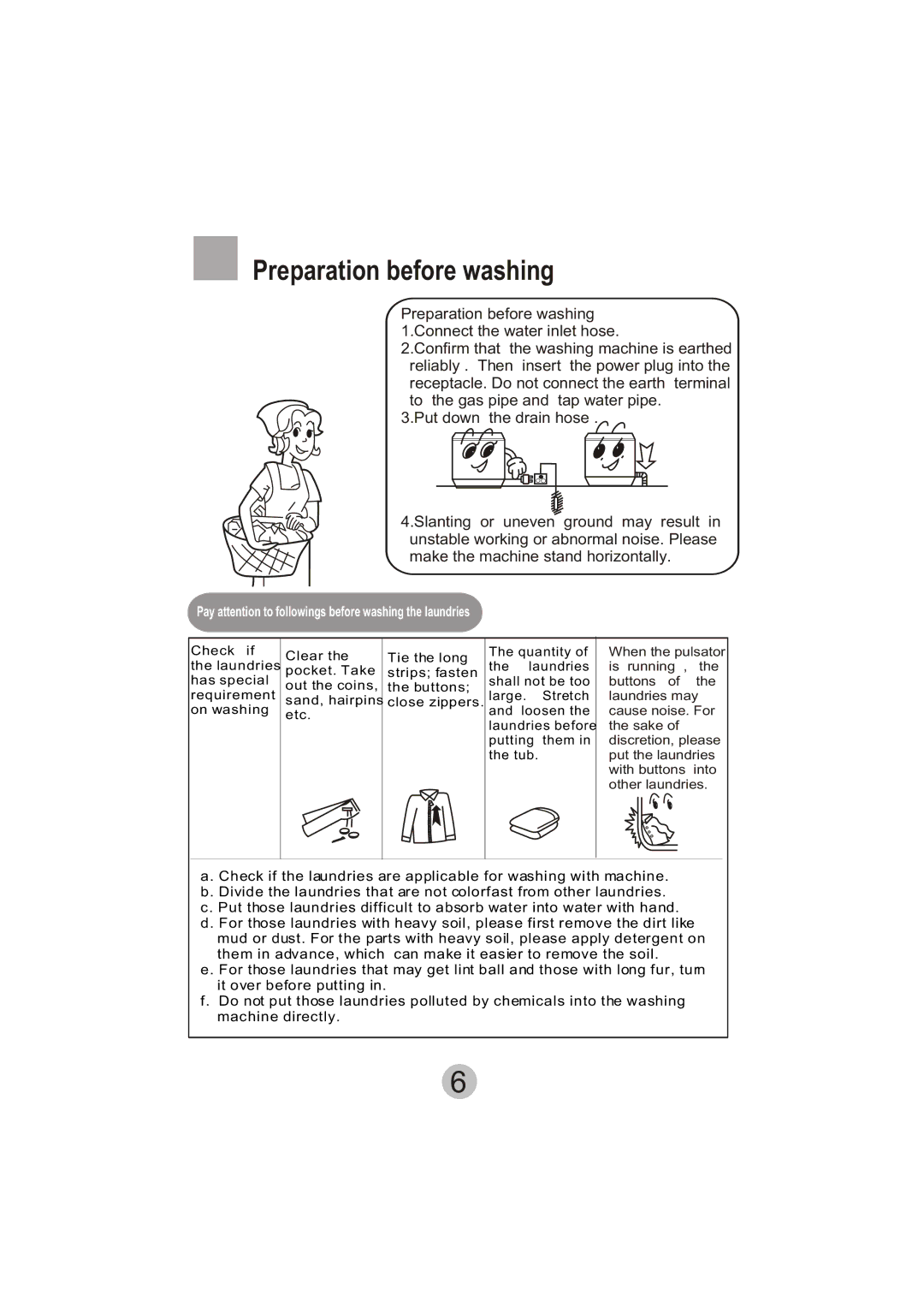 Haier A6-707 user manual Preparation before washing, Pay attention to followings before washing the laundries 