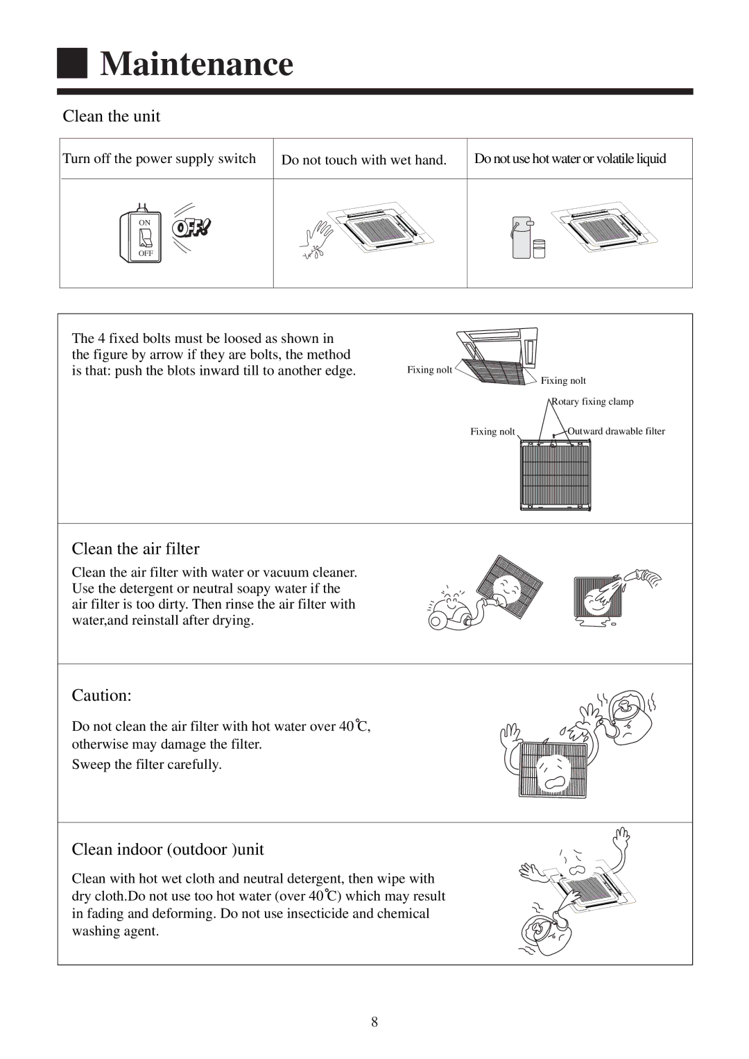 Haier AB122XCERA, AB182XCERA, AB142XCERA Maintenance, Clean the unit, Clean the air filter, Clean indoor outdoor unit 