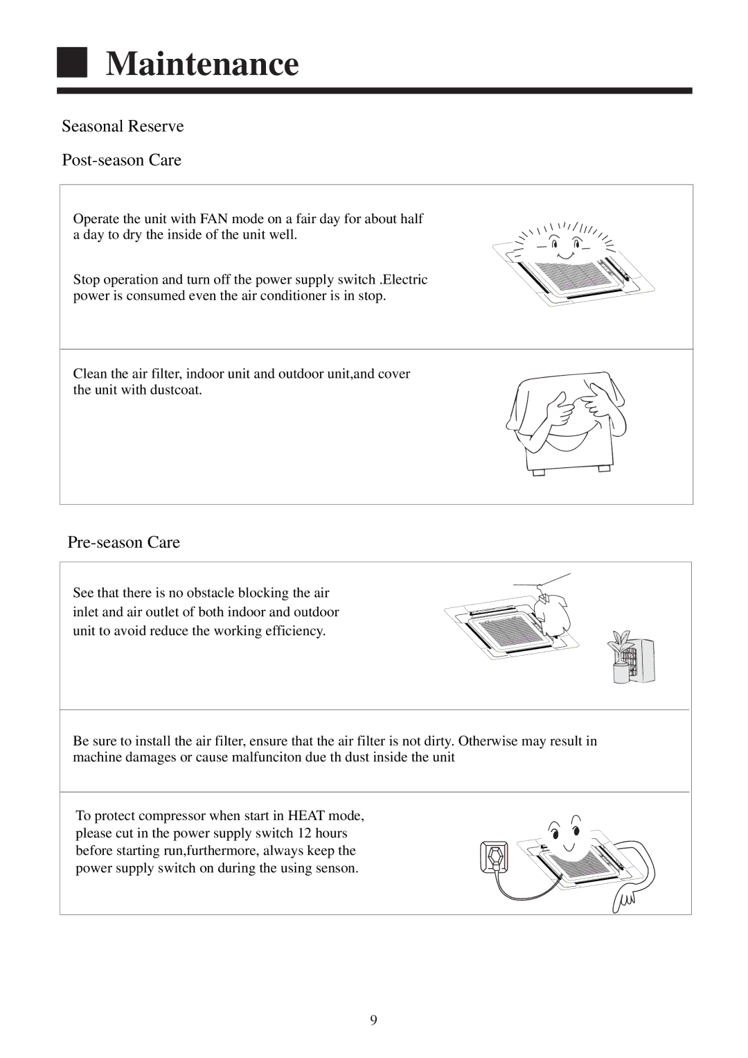 Haier AB092XCERA, AB182XCERA, AB142XCERA, AB122XCERA installation manual Seasonal Reserve Post-season Care, Pre-season Care 