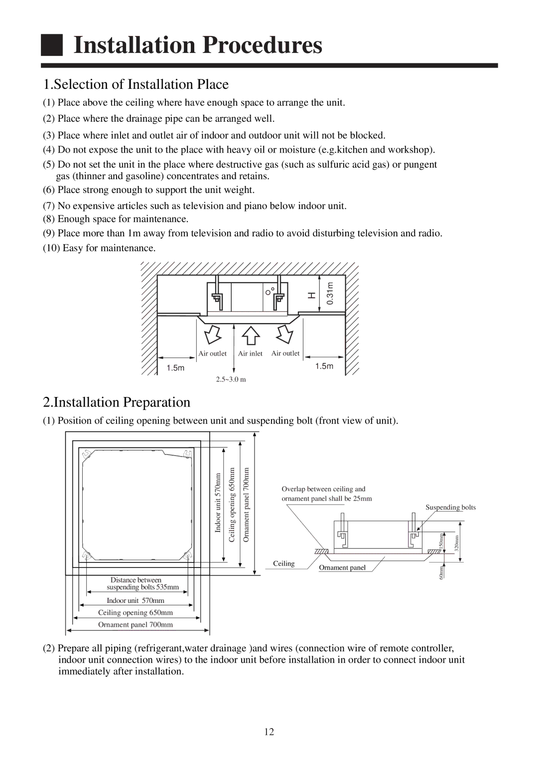 Haier AB122XCERA, AB182XCERA, AB142XCERA Installation Procedures, Selection of Installation Place, Installation Preparation 