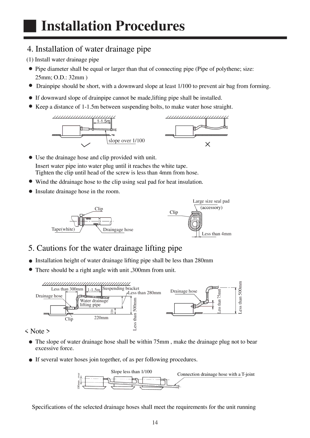 Haier AB182XCERA, AB142XCERA, AB122XCERA, AB092XCERA Installation of water drainage pipe, Less than 75mm Less than 500mm 