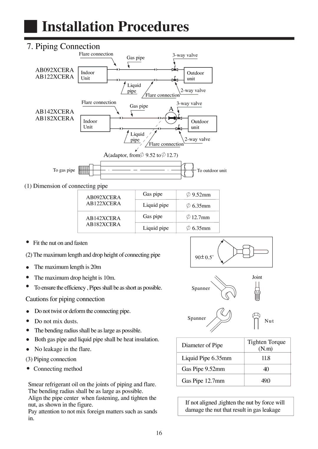 Haier AB182XCERA, AB142XCERA installation manual Piping Connection, AB092XCERA AB122XCERA 