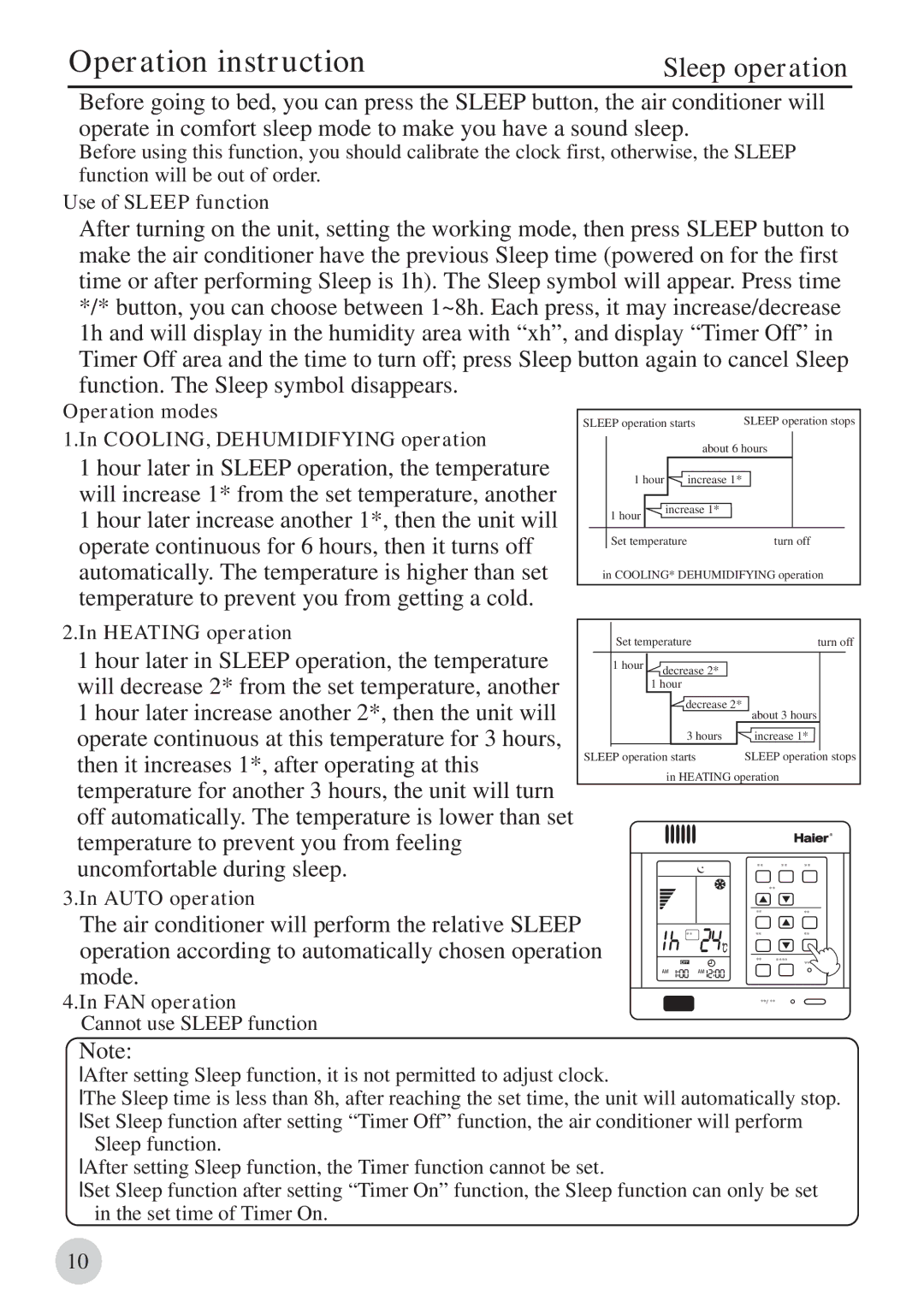 Haier AB212BCBAA, 0010571570 manual Sleep operation 