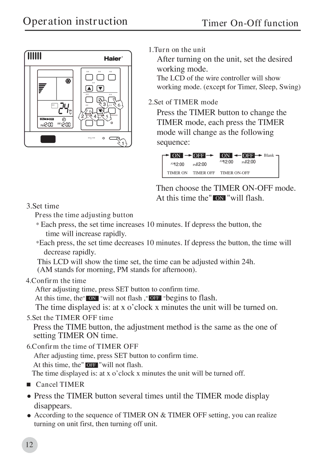 Haier AB212BCBAA, 0010571570 manual Timer On-Off function 