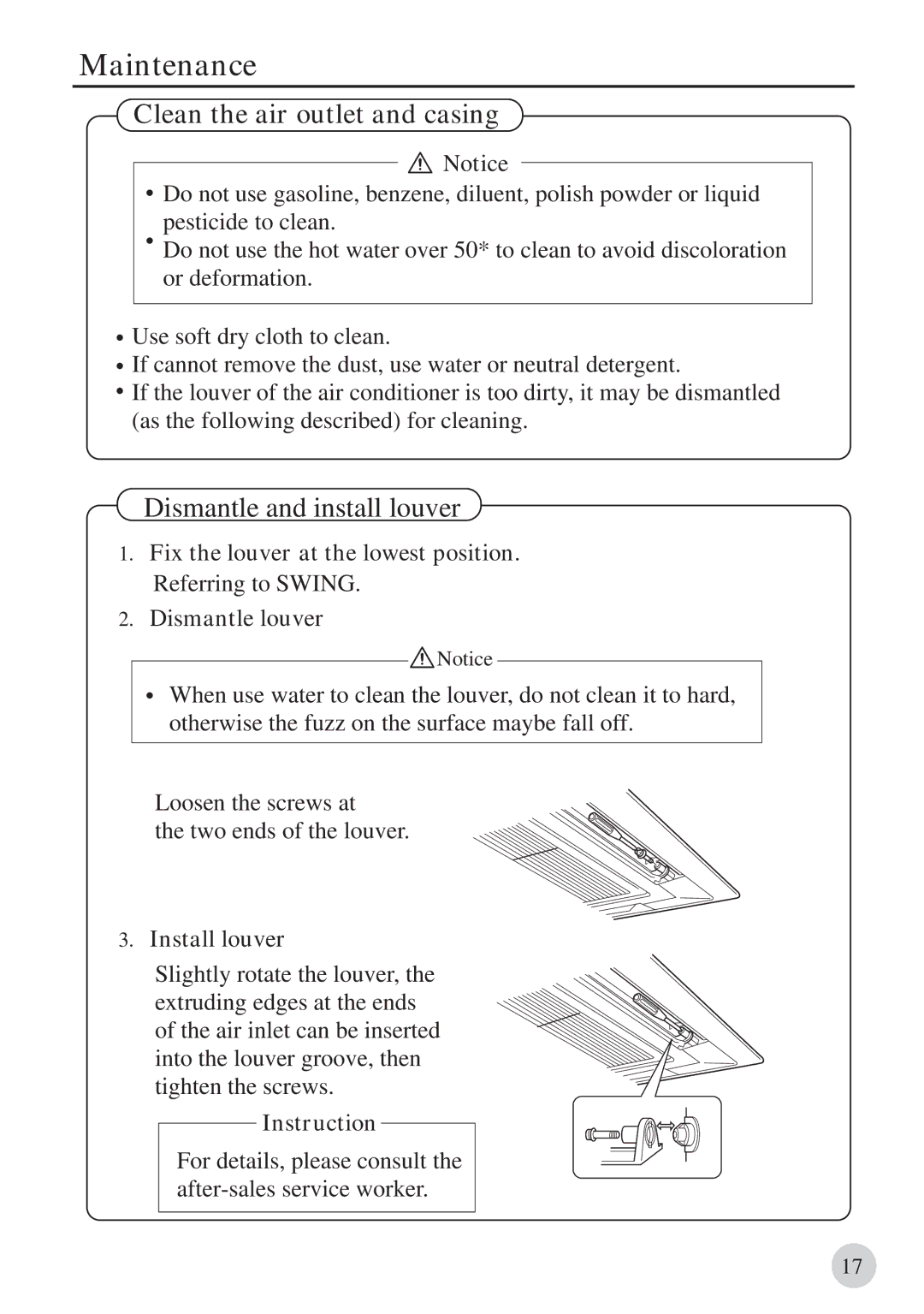 Haier 0010571570, AB212BCBAA manual Clean the air outlet and casing, Dismantle and install louver 