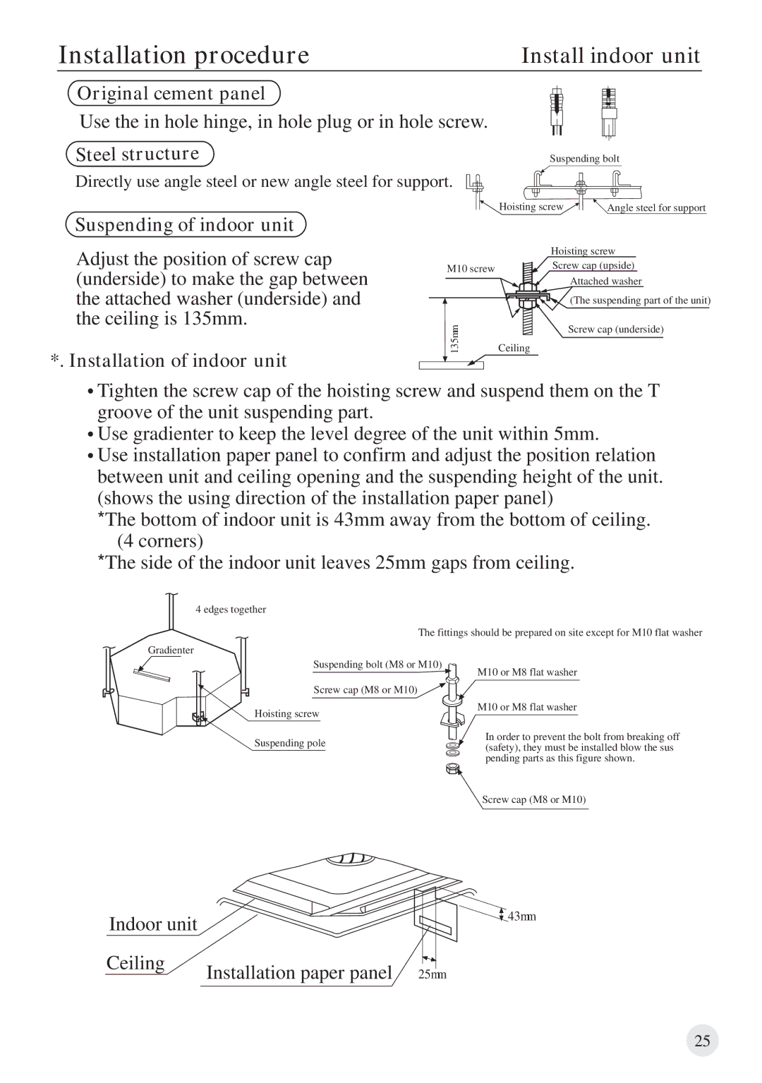 Haier 0010571570, AB212BCBAA manual Suspending of indoor unit, Indoor unit, Ceiling Installation paper panel 25mm 