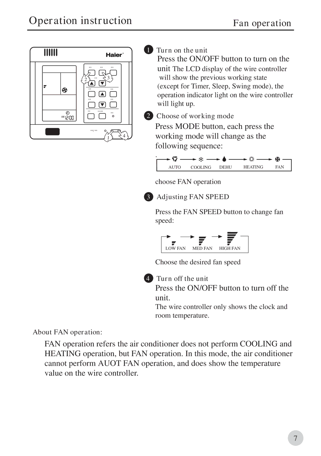 Haier 0010571570, AB212BCBAA manual Operation instruction, Fan operation, Press the ON/OFF button to turn off the unit 