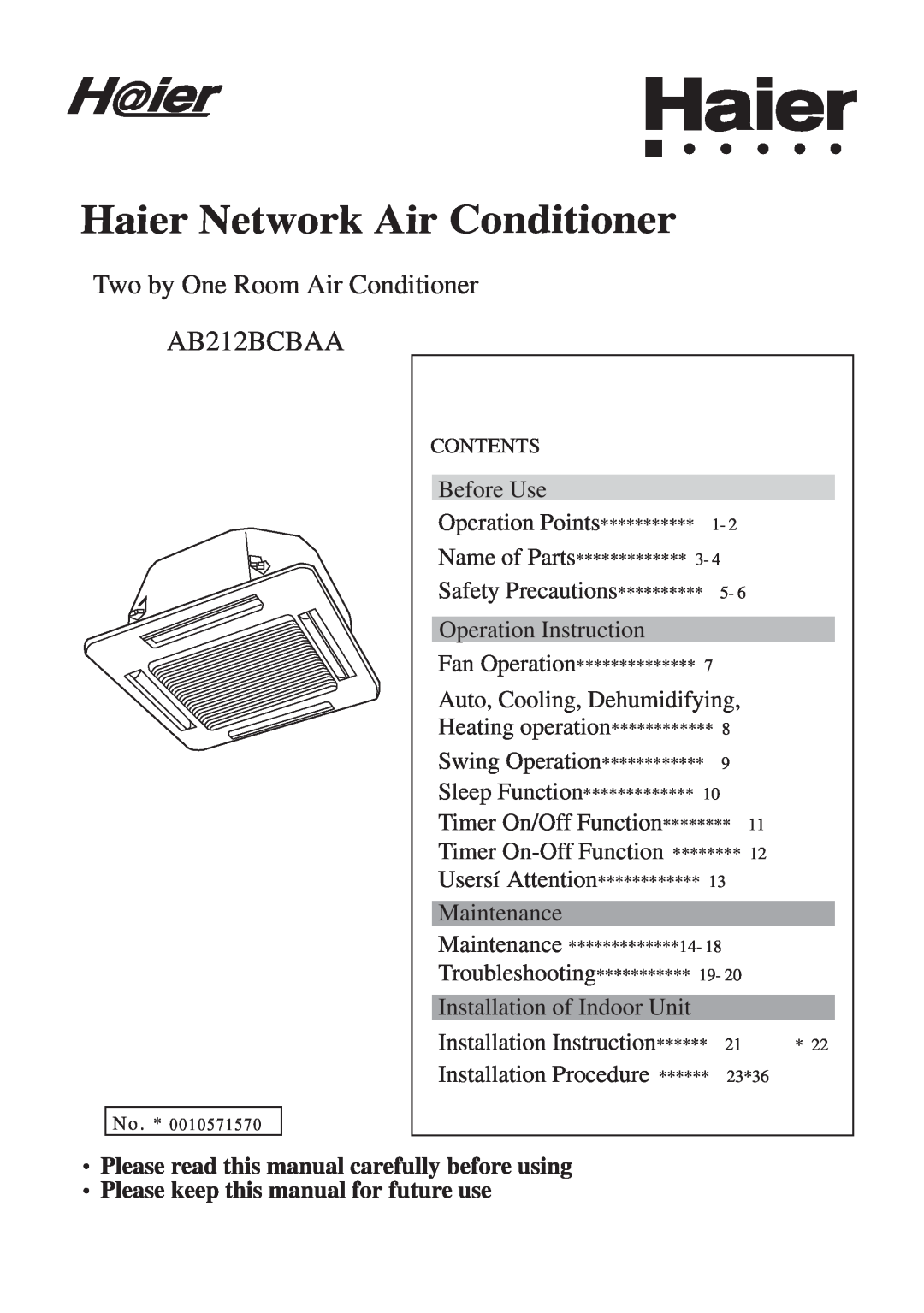 Haier 0010571570 manual AB212BCBAA, Two by One Room Air Conditioner, Haier Network Air Conditioner 