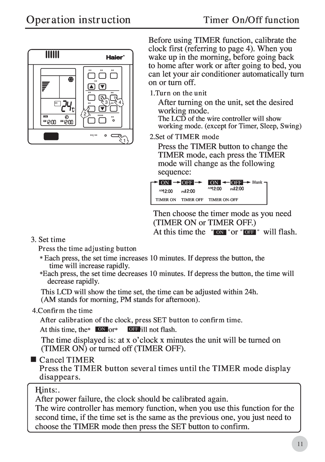 Haier 0010571570, AB212BCBAA manual Timer On/Off function, Operation instruction 