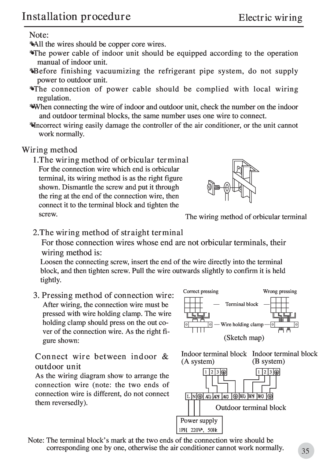 Haier 0010571570 manual Electric wiring, Installation procedure, Wiring method, The wiring method of orbicular terminal 
