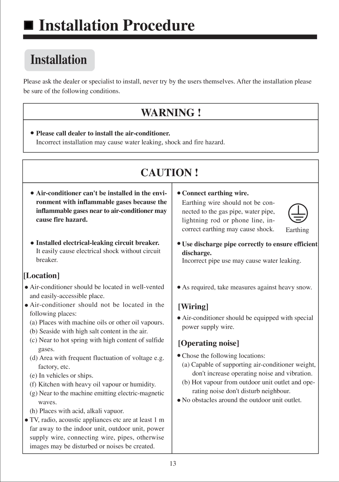 Haier AB212XCEAA operation manual Installation Procedure, Location, Wiring, Operating noise 