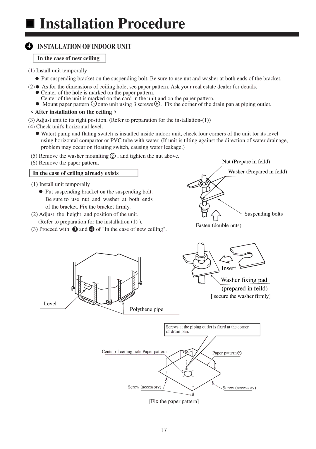 Haier AB212XCEAA operation manual Installation of Indoor Unit, Case of new ceiling, After installation on the ceiling 