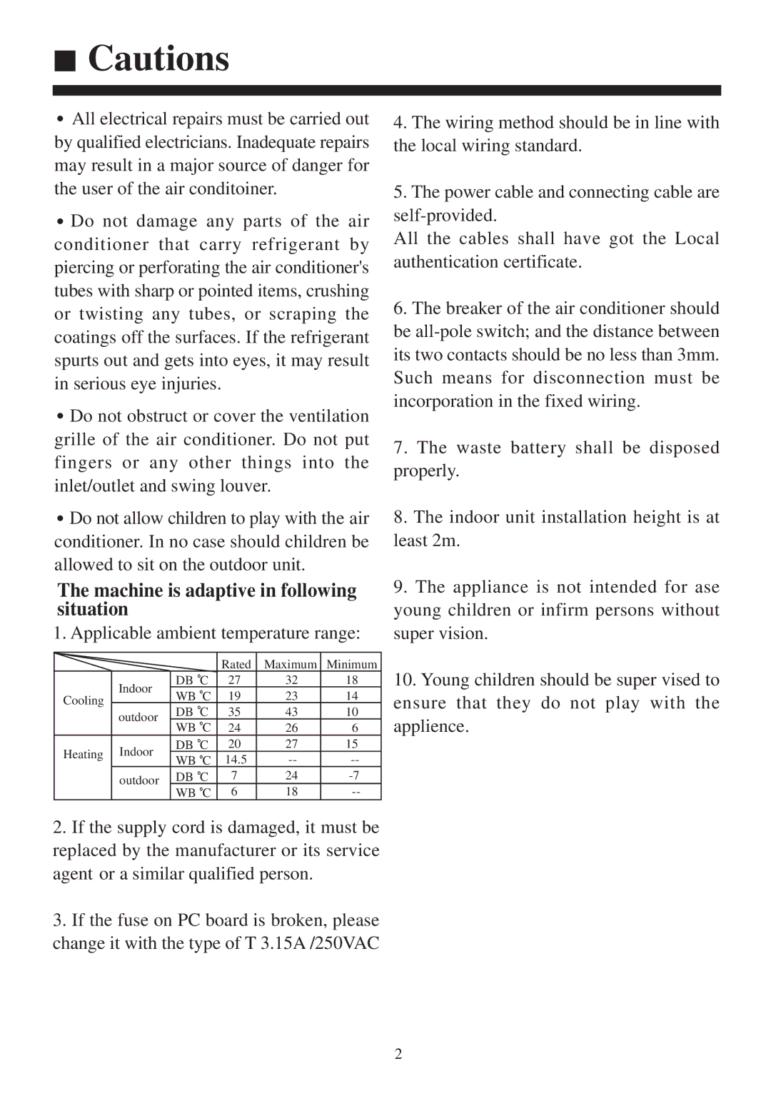 Haier AB212XCEAA operation manual Machine is adaptive in following situation 