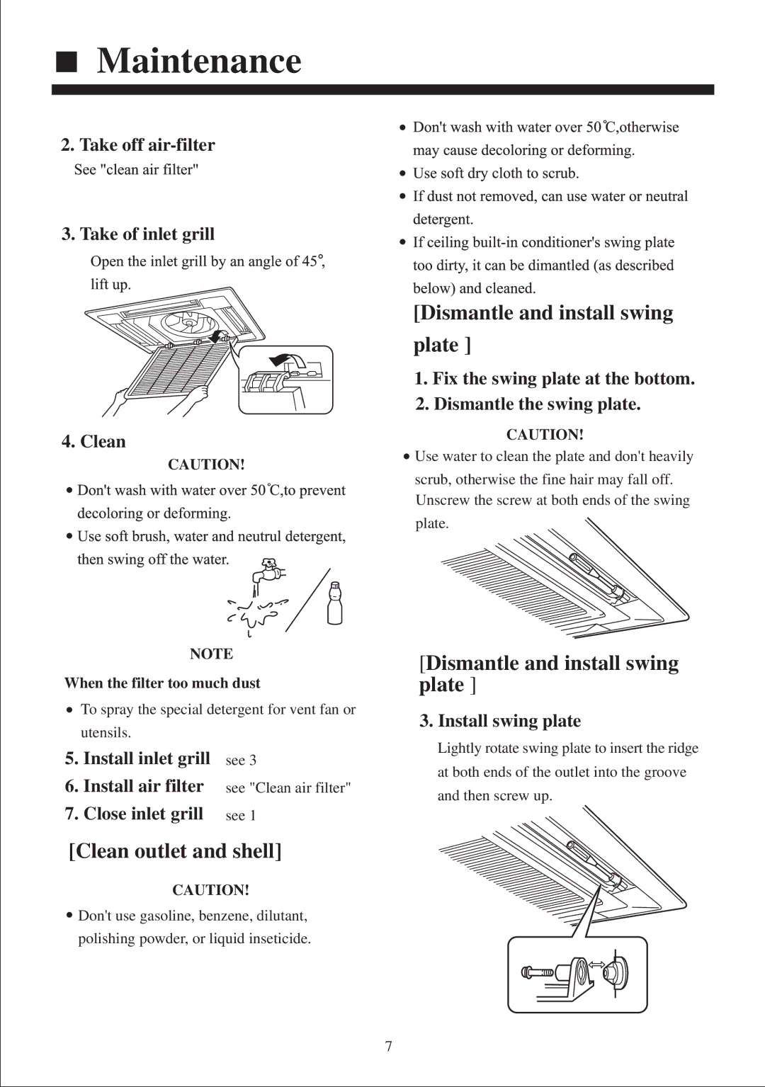 Haier AB212XCEAA operation manual Take off air-filter Take of inlet grill Clean, Install inlet grill, Close inlet grill 