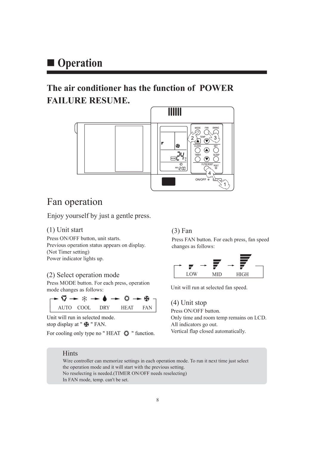 Haier AB242XCAAA operation manual Fan operation 