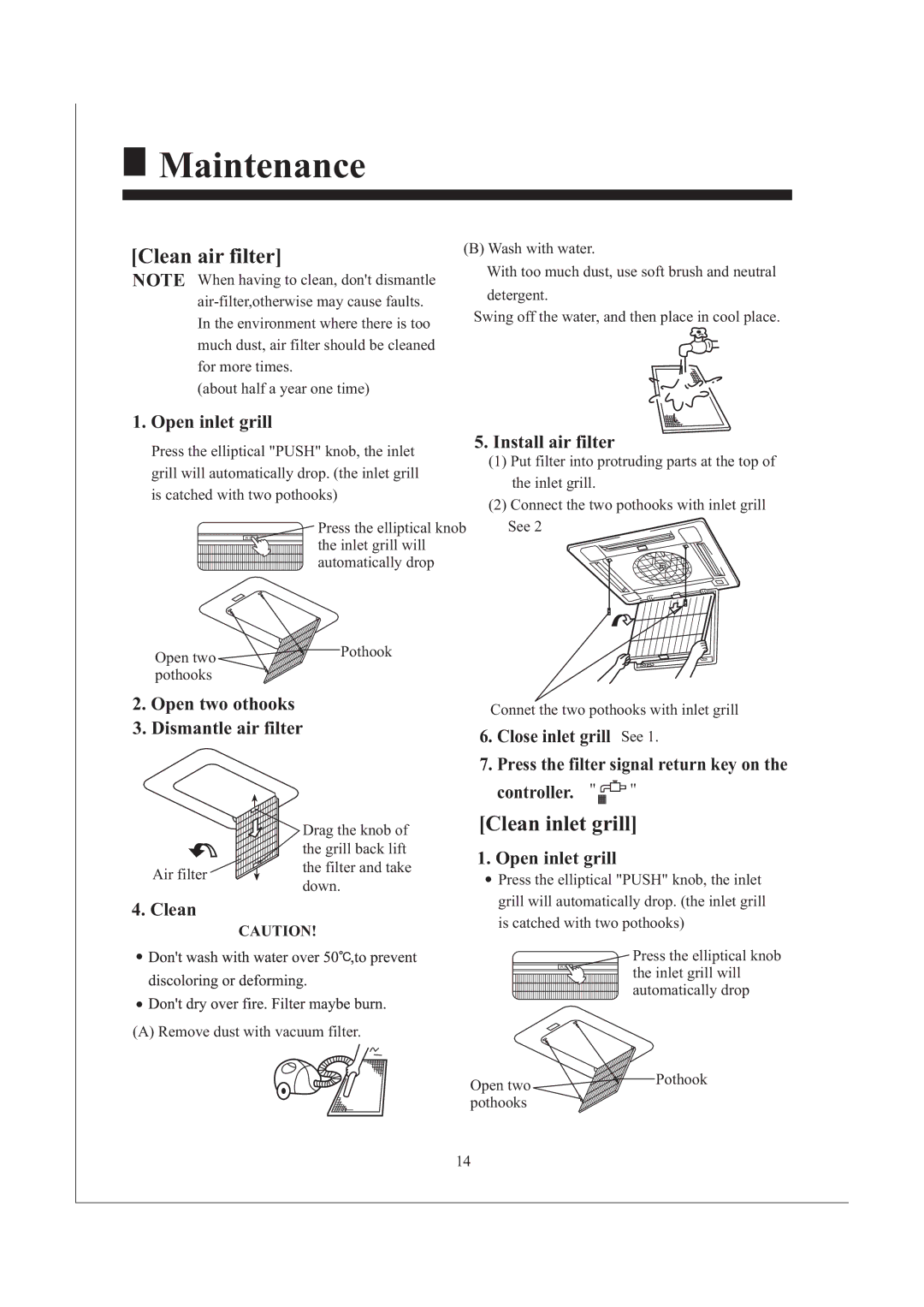 Haier AB242XCAAA Maintenance, Open inlet grill, Open two othooks Dismantle air filter Install air filter, Clean 