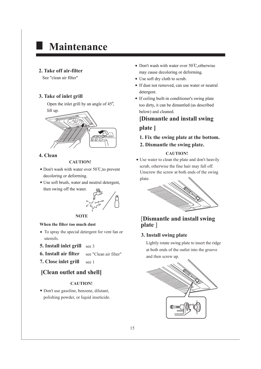 Haier AB242XCAAA operation manual Take off air-filter Take of inlet grill Clean, Install inlet grill, Close inlet grill 