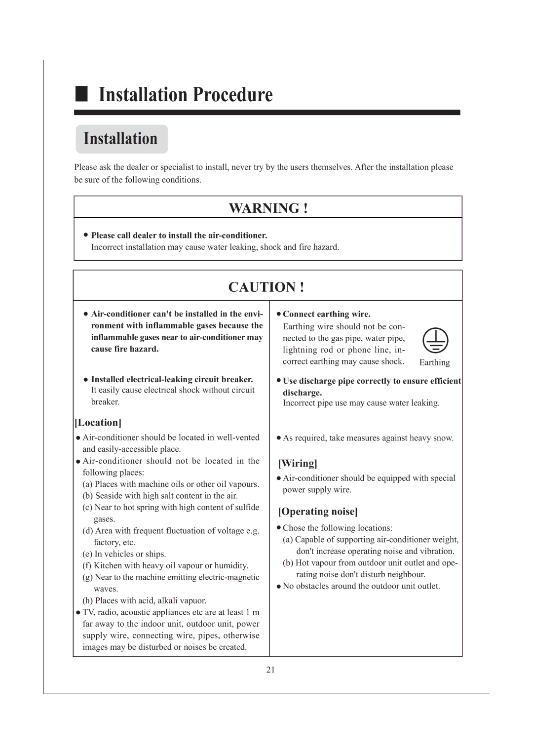 Haier AB242XCAAA operation manual Installation Procedure, Location, Wiring, Operating noise 