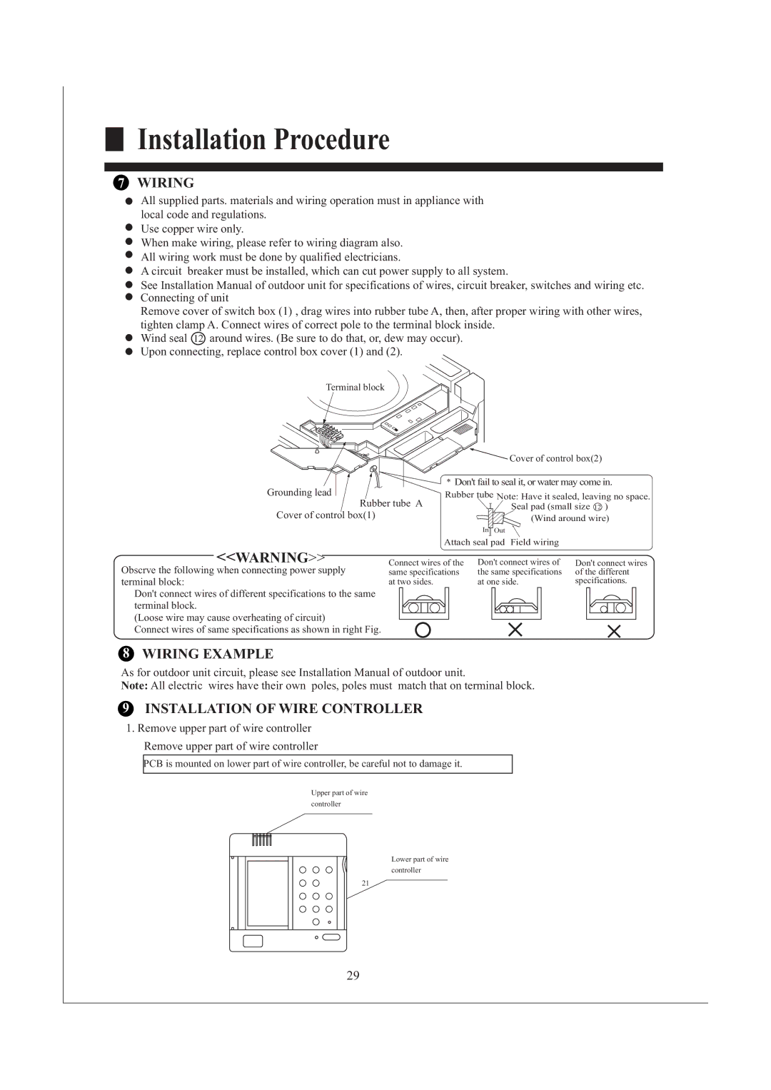 Haier AB242XCAAA operation manual Wiring Example, Installation of Wire Controller 