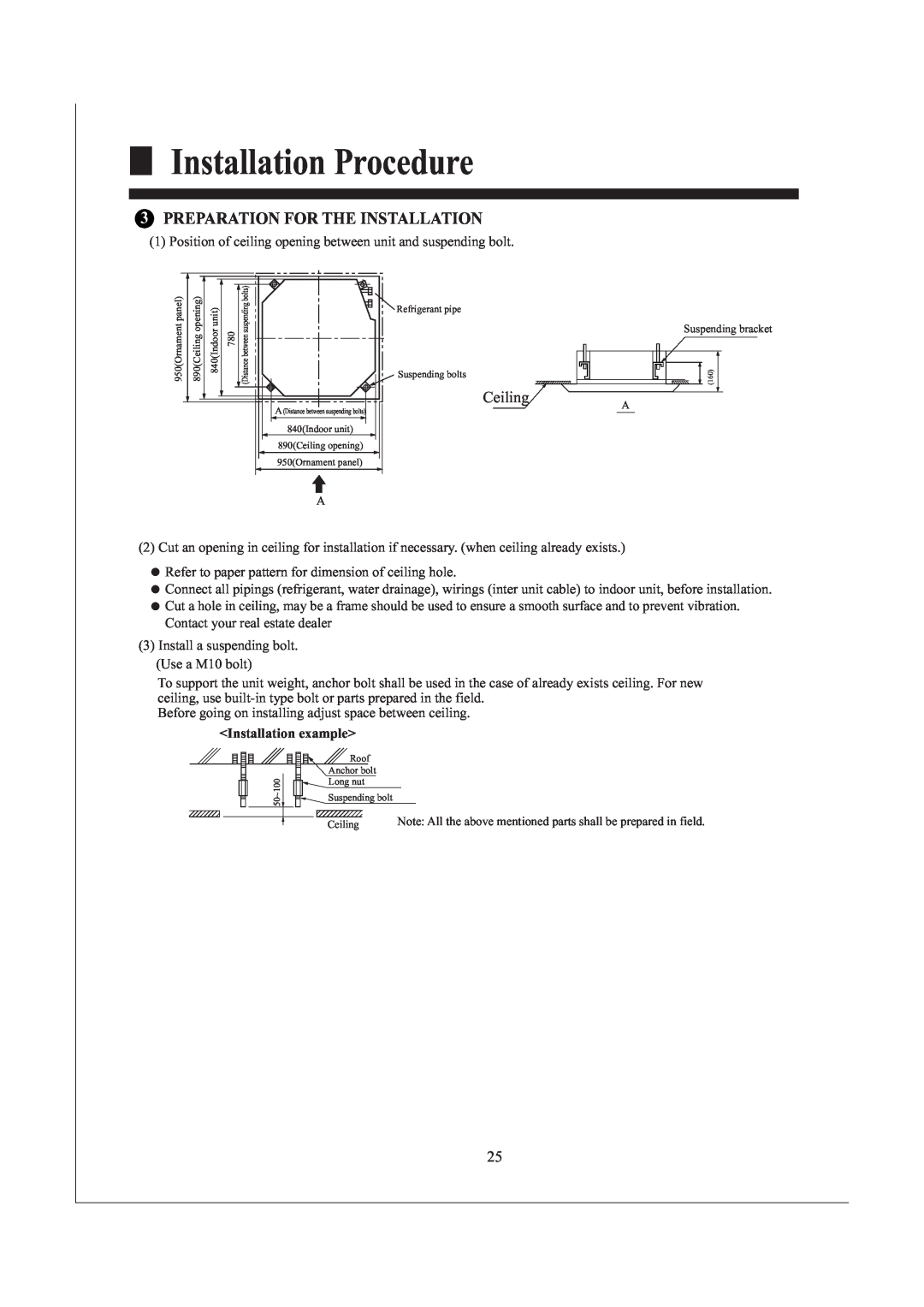 Haier AB242XCAAA operation manual Installation Procedure, Preparation For The Installation, Ceiling, Installation example 