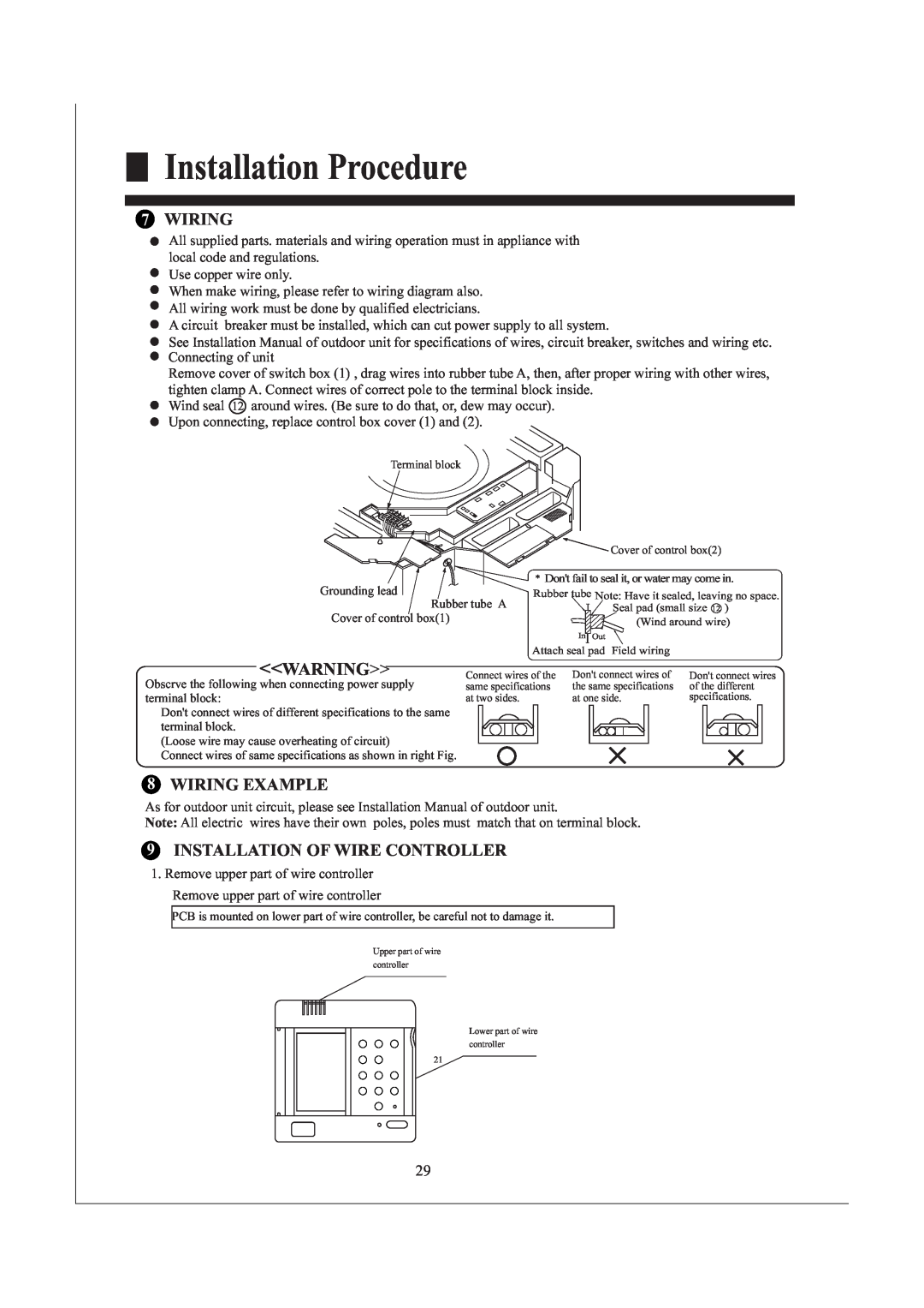 Haier AB242XCAAA operation manual Installation Procedure, Wiring Example, 9INSTALLATION OF WIRE CONTROLLER 