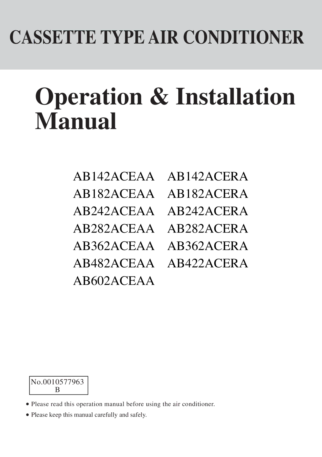 Haier AB142ACEAA, AB422ACERA, AB142ACERA operation manual Operation & Installation Manual, No.0010577963 