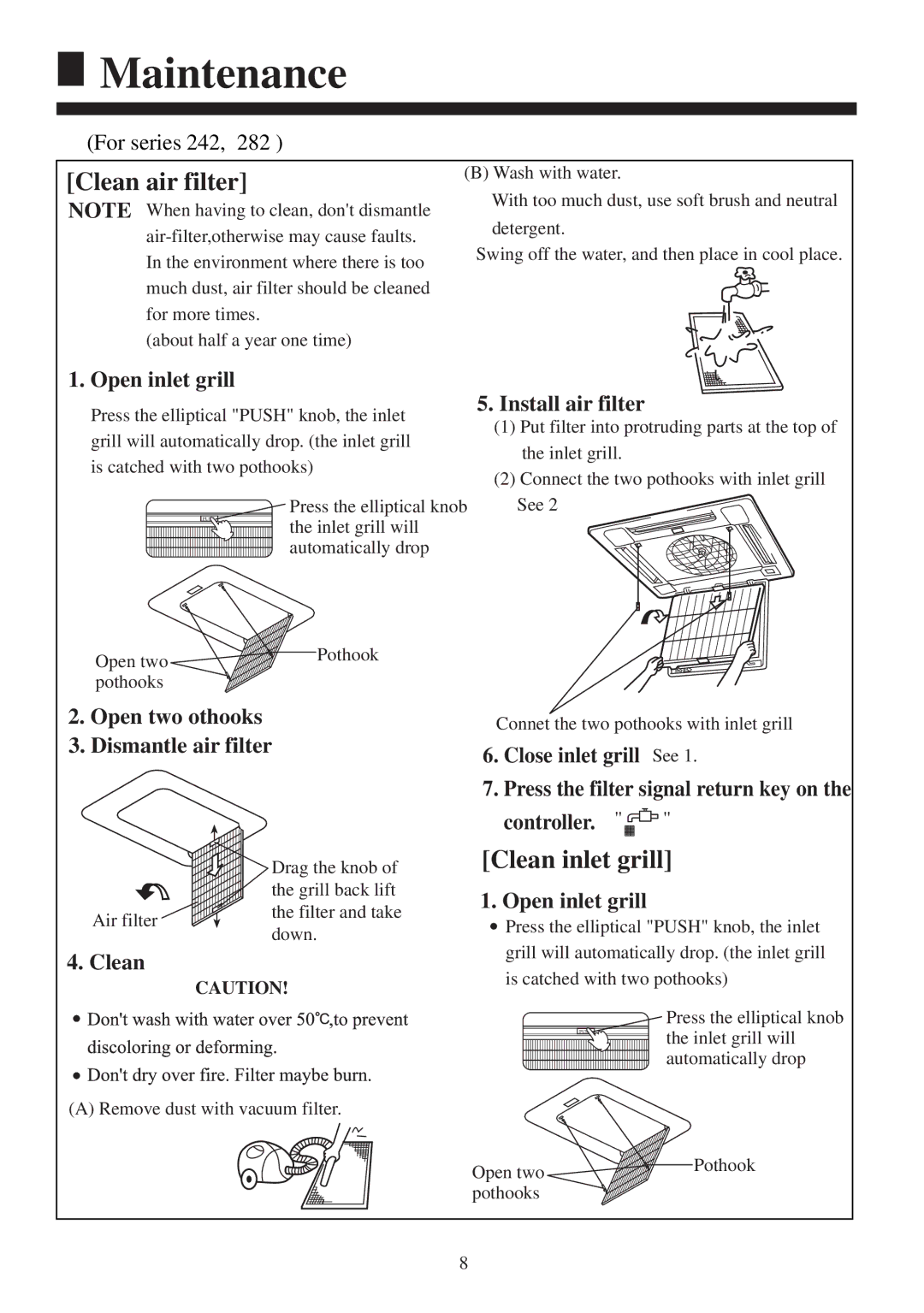 Haier AB142ACEAA For series 242, Open inlet grill, Install air filter, Open two othooks Dismantle air filter, Clean 