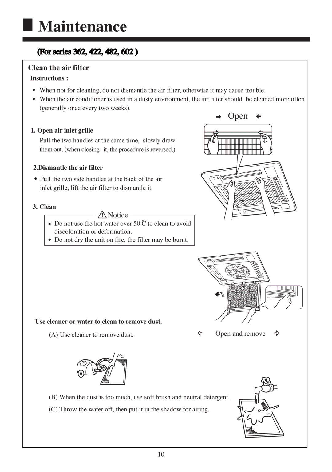 Haier AB422ACERA, AB142ACEAA, AB142ACERA operation manual For series 362, 422, 482, Clean the air filter 