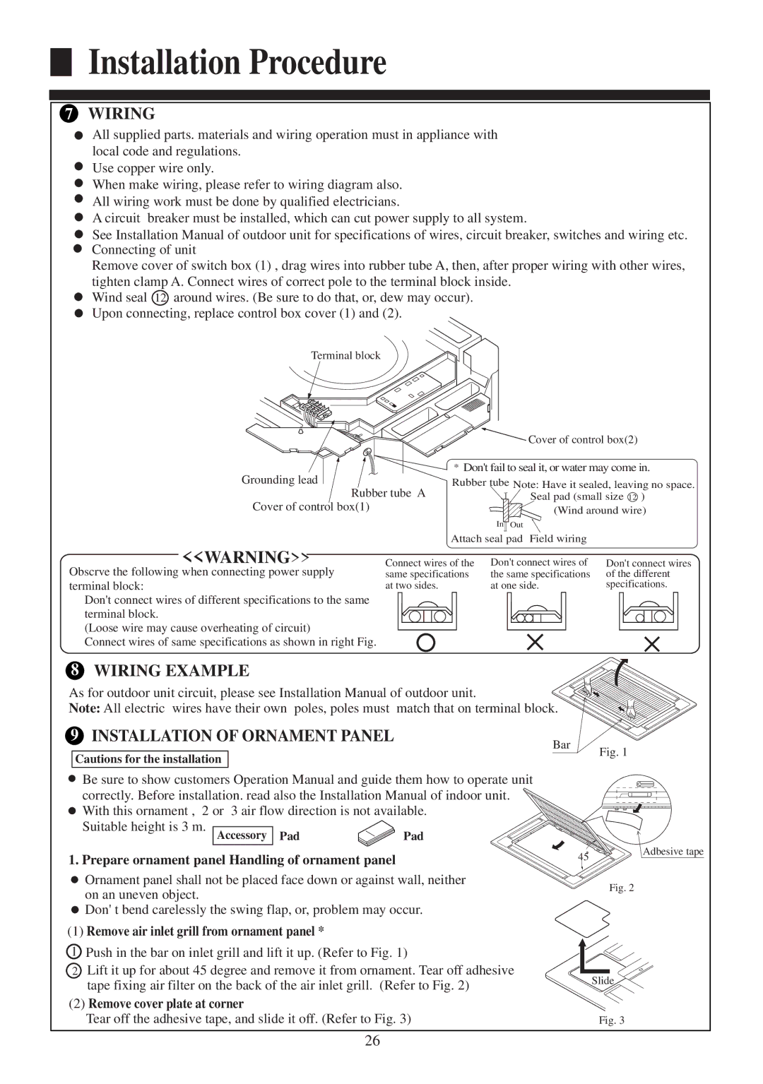 Haier AB142ACEAA, AB422ACERA, AB142ACERA operation manual Wiring Example, Installation of Ornament Panel 