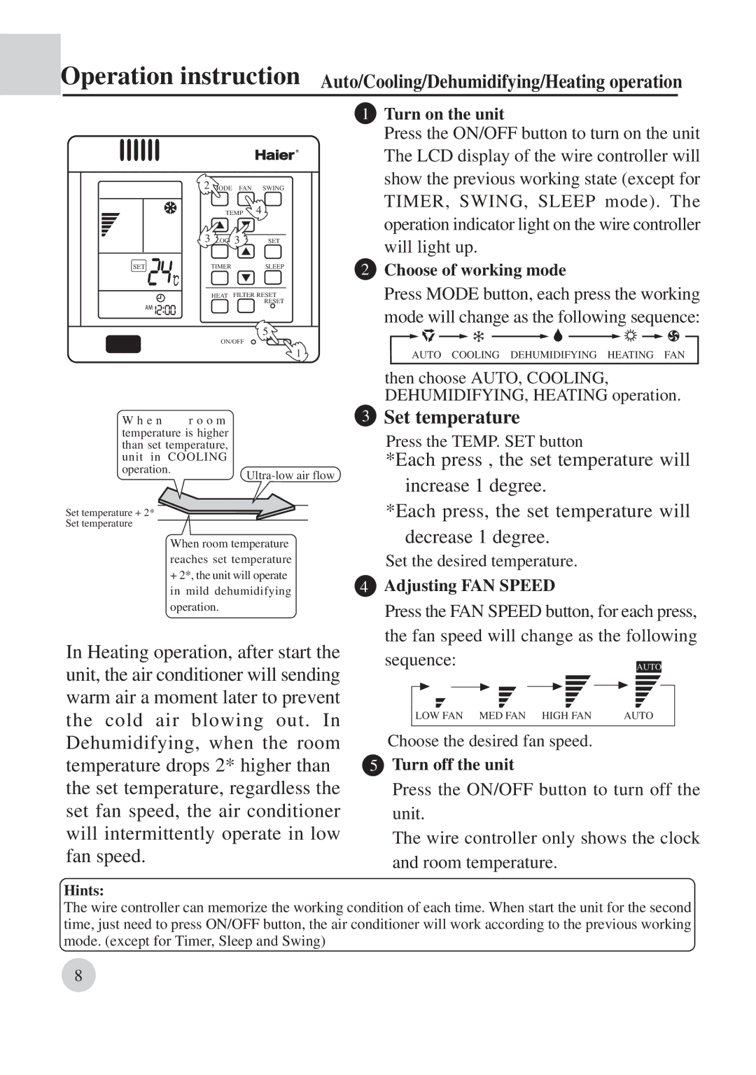 Haier AB422BCBAA manual Set temperature 