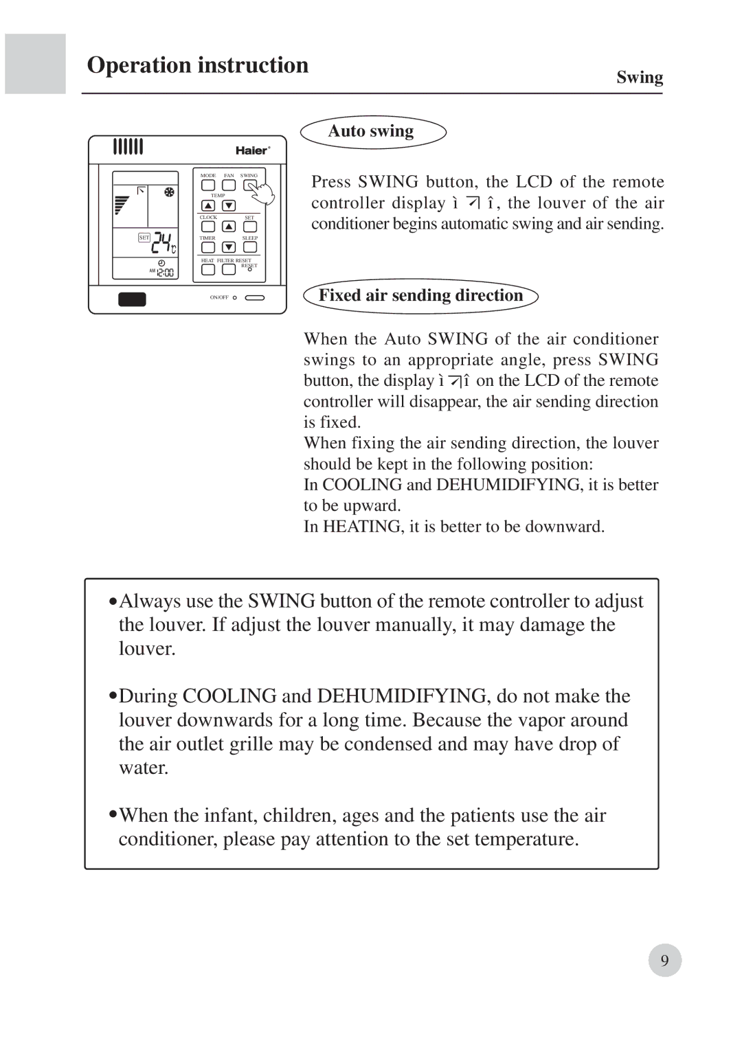 Haier AB422BCBAA manual Operation instruction, Swing, Auto swing, Fixed air sending direction 