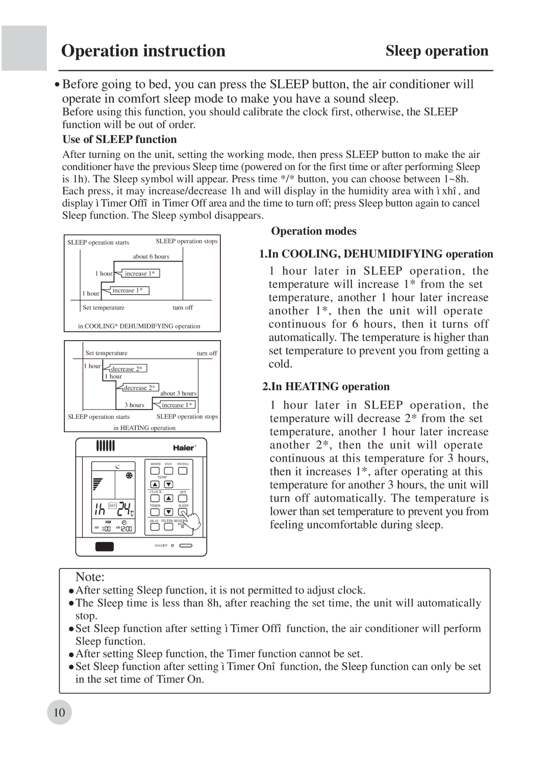 Haier AB422BCBAA manual Sleep operation 