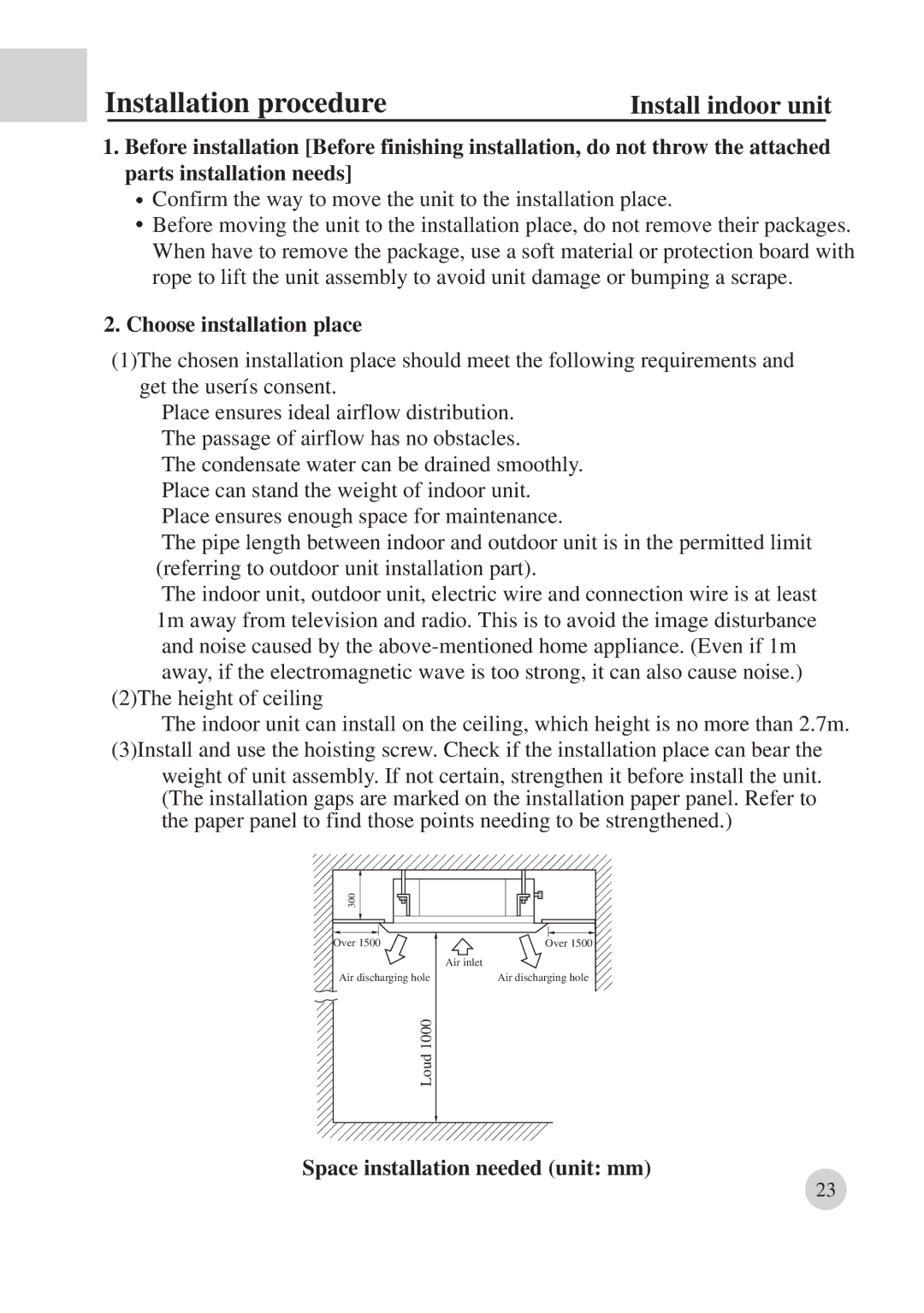 Haier AB422BCBAA Installation procedure, Install indoor unit, Choose installation place, Space installation needed unit mm 