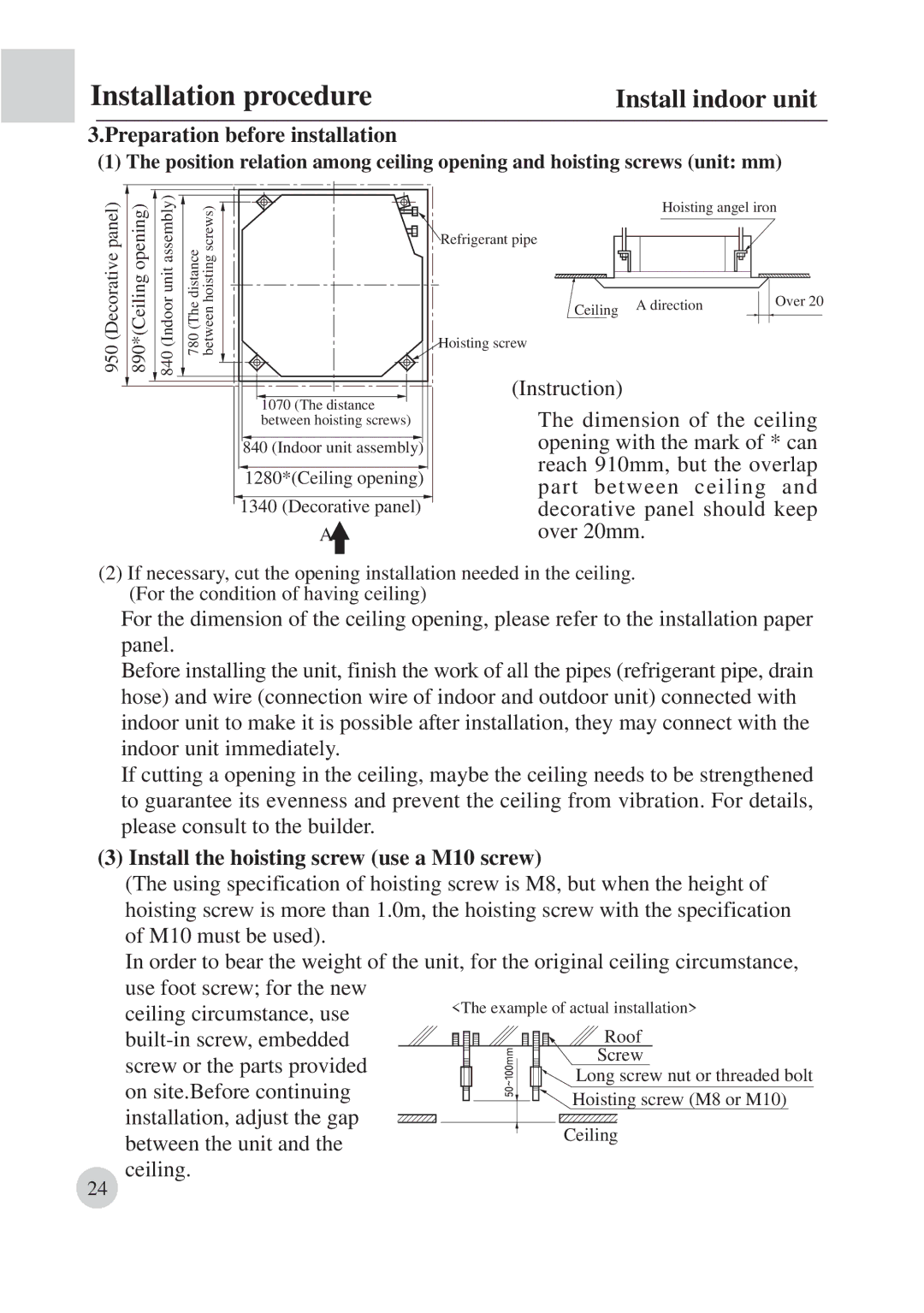 Haier AB422BCBAA manual Preparation before installation, Install the hoisting screw use a M10 screw 