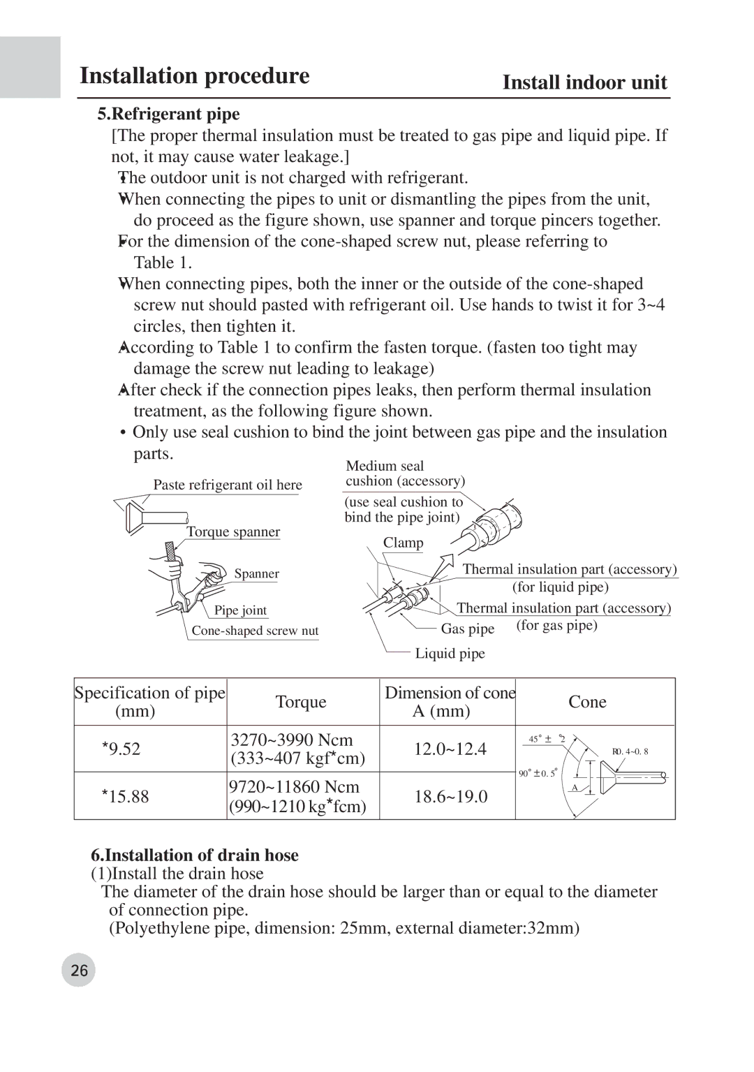 Haier AB422BCBAA manual Refrigerant pipe, Installation of drain hose 1Install the drain hose 