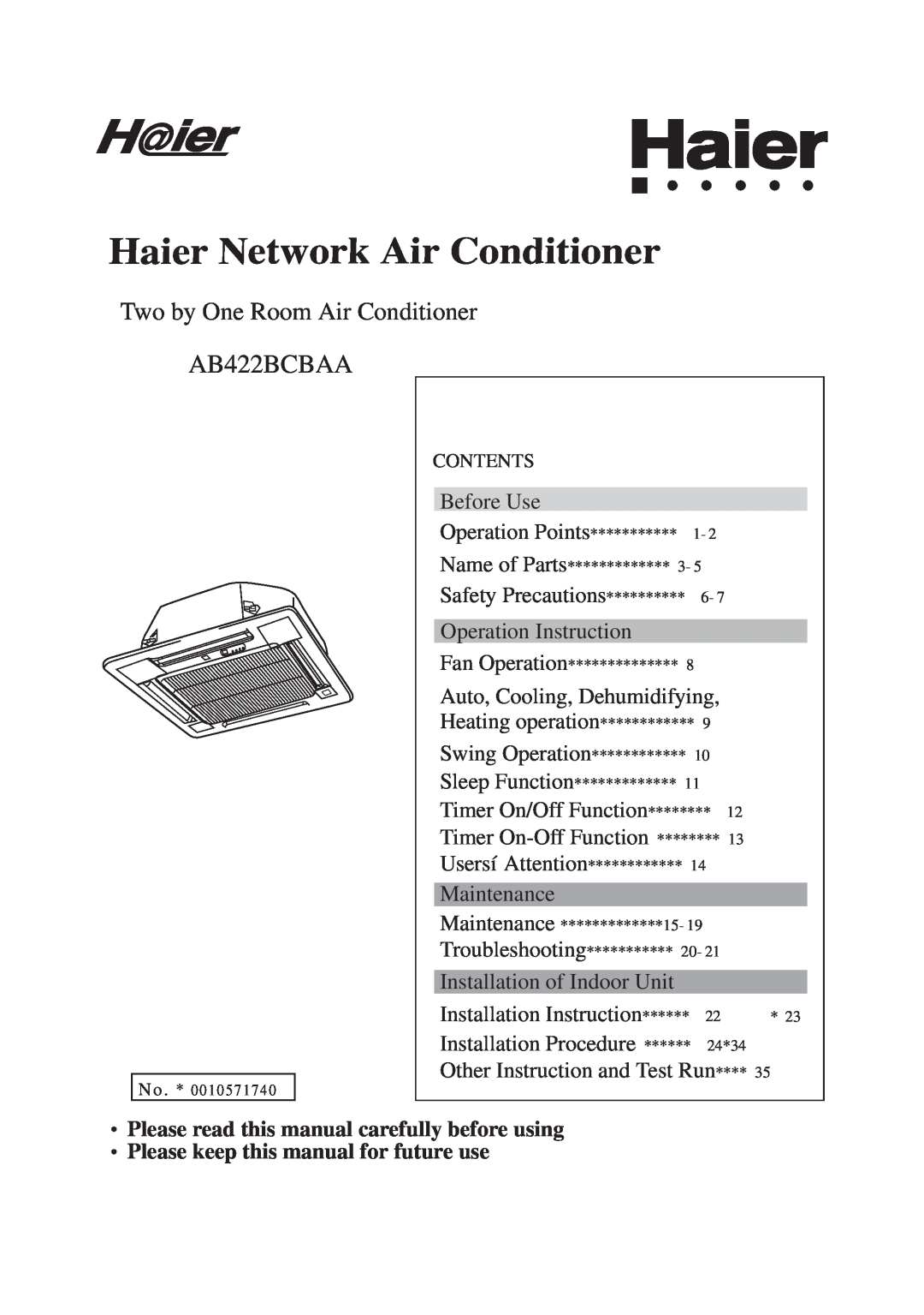 Haier AB422BCBAA manual Haier Network Air Conditioner, Two by One Room Air Conditioner 