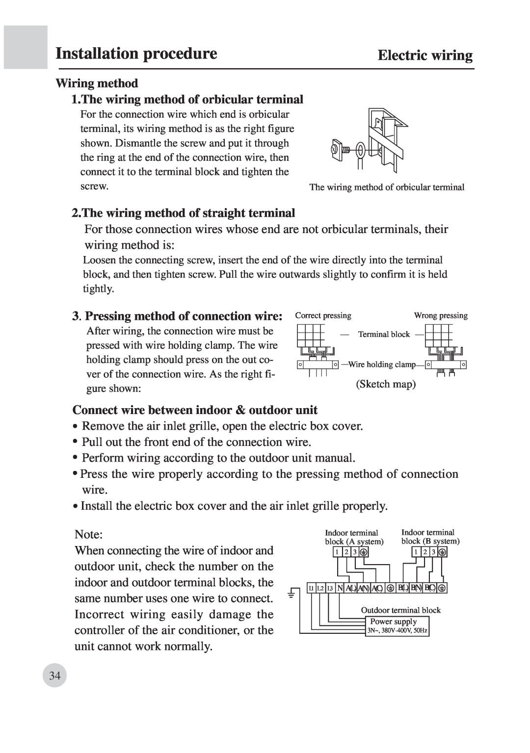 Haier AB422BCBAA manual Electric wiring, Installation procedure, Wiring method, The wiring method of orbicular terminal 
