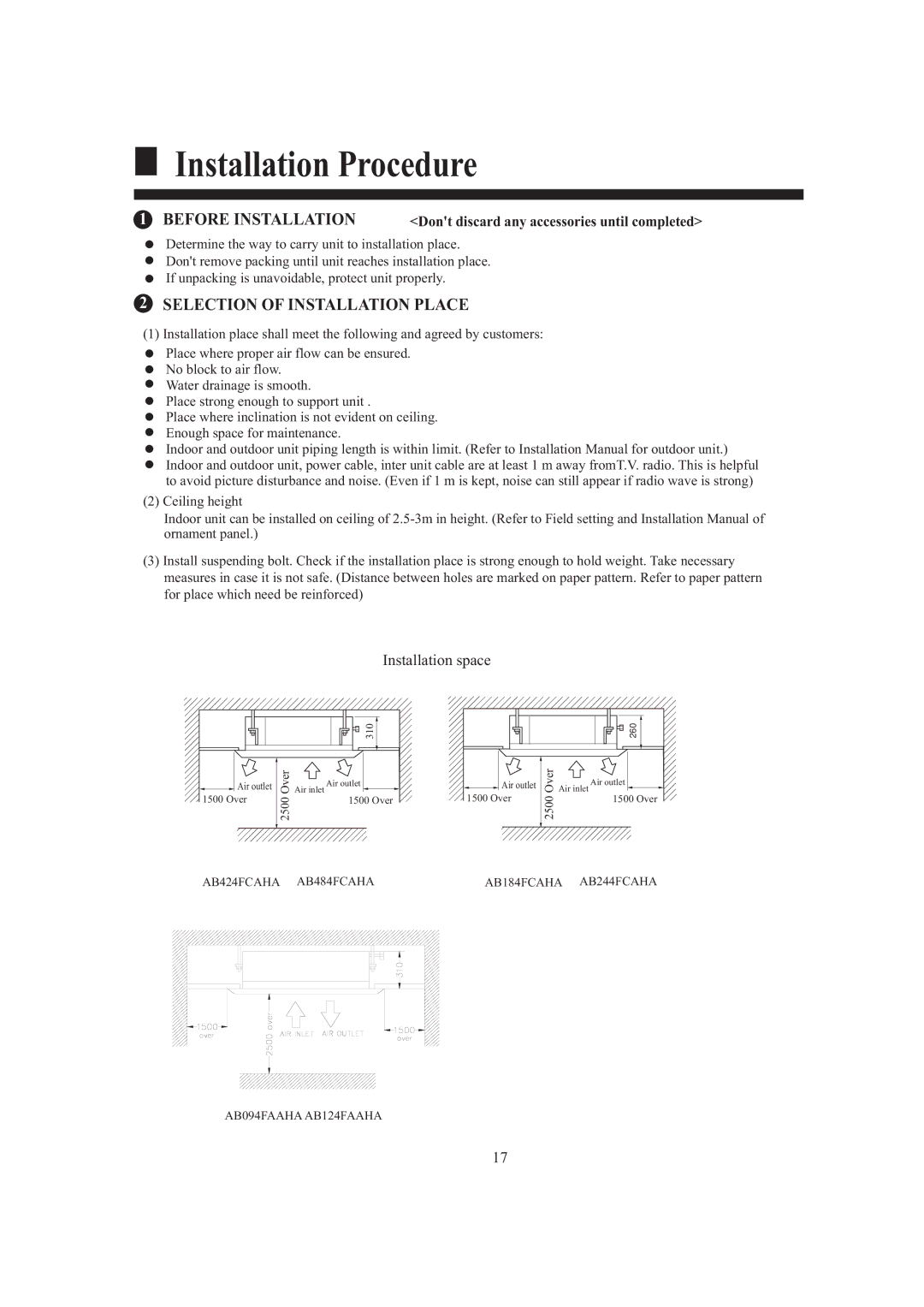 Haier AB244FCAHA, AB424FCAHA, AB184FCAHA Before Installation, Selection of Installation Place, Installation space 