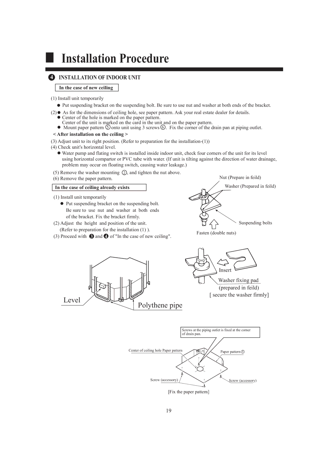 Haier AB484FCAHA, AB424FCAHA, AB244FCAHA Polythene pipe, Installation of Indoor Unit, Insert, Secure the washer firmly 