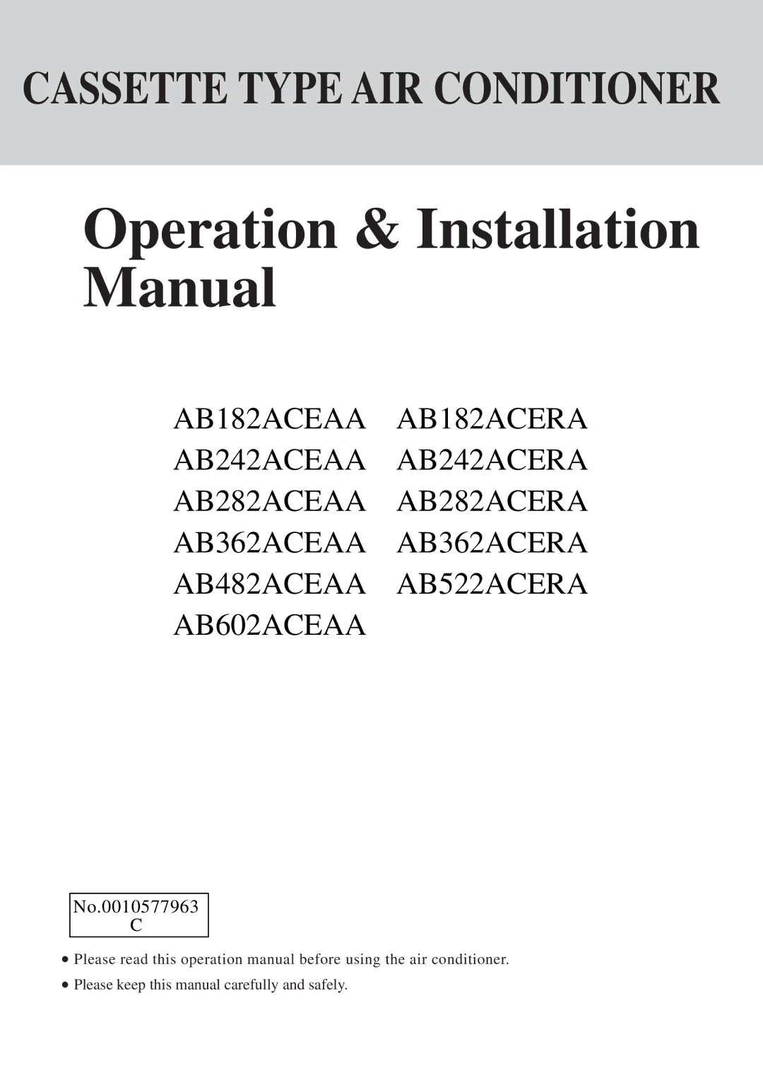 Haier AB602ACEAA, AB522ACERA, AB482ACEAA, AB362ACEAA operation manual Operation & Installation Manual, No.0010577963 