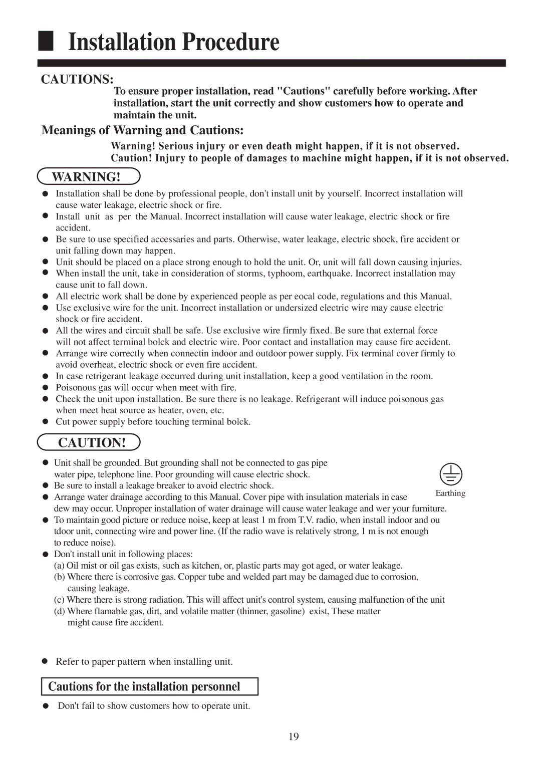 Haier AB242ACERA, AB522ACERA, AB602ACEAA, AB482ACEAA, AB362ACEAA Installation Procedure, Meanings of Warning and Cautions 