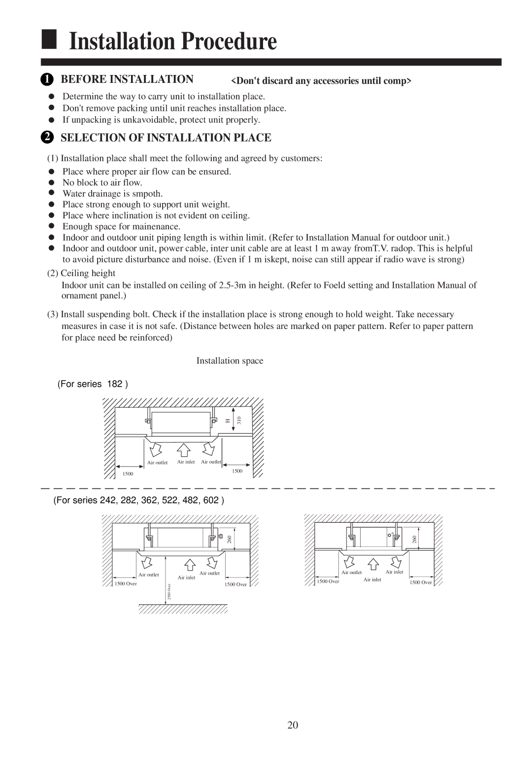 Haier AB522ACERA, AB602ACEAA Before Installation, Selection of Installation Place, Dont discard any accessories until comp 