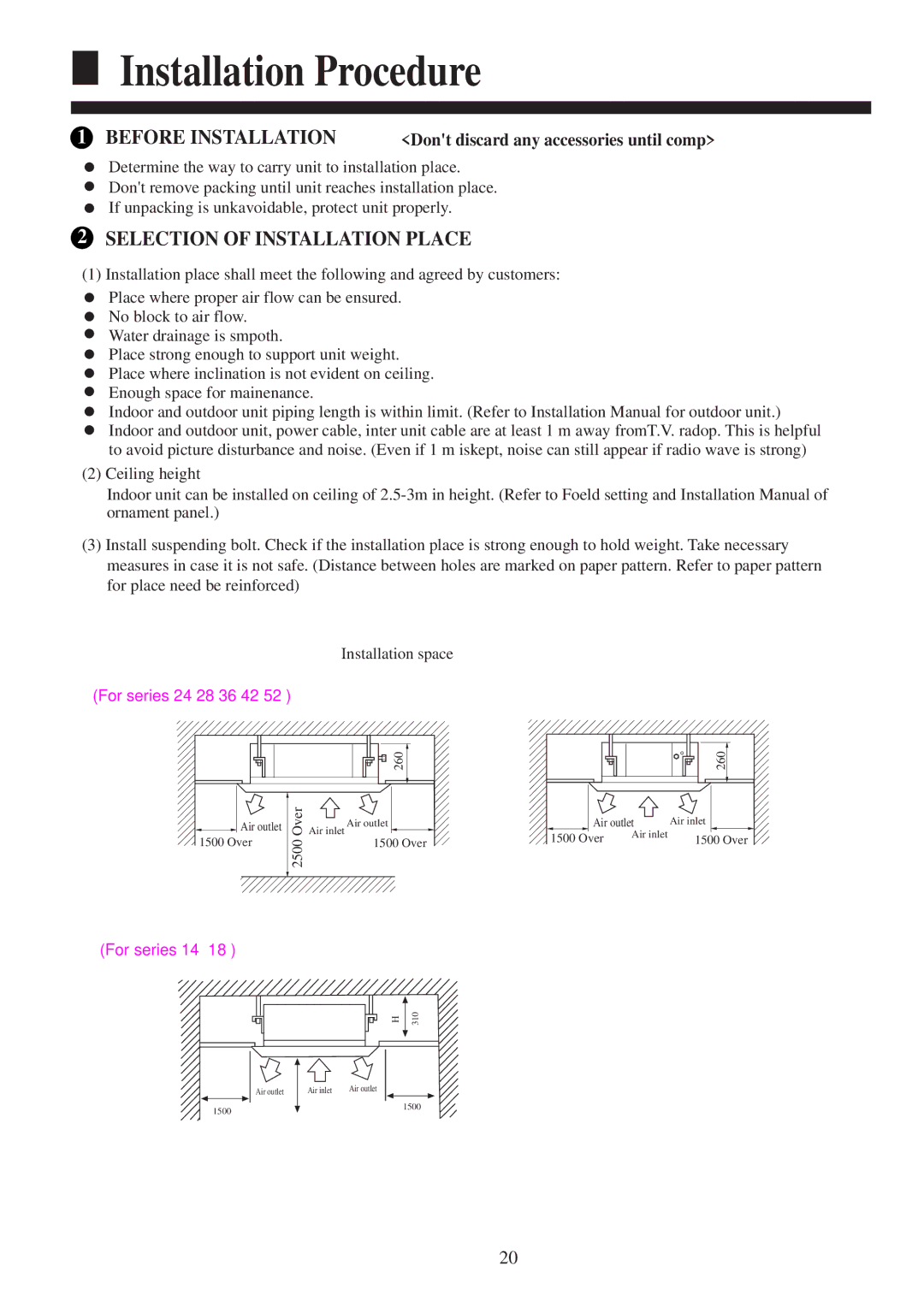 Haier AB42NACBEA, AB52NACBEA Before Installation, Selection of Installation Place, Dont discard any accessories until comp 