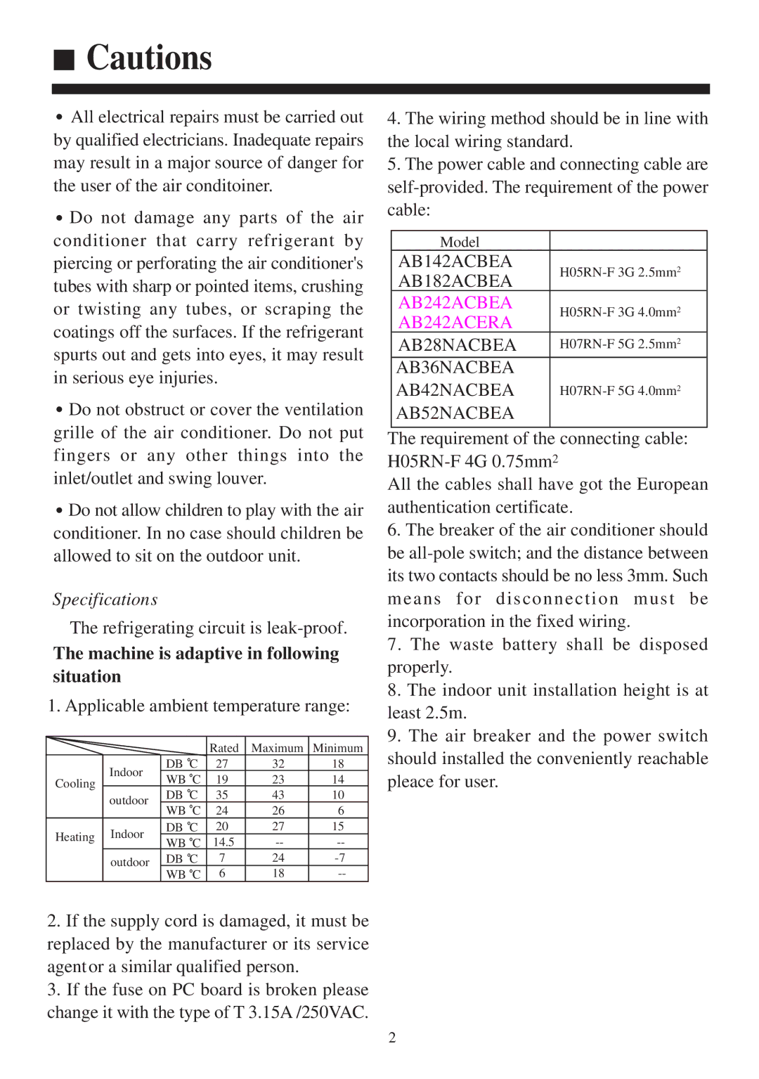 Haier AB242ACBEA, AB52NACBEA, AB42NACBEA Refrigerating circuit is leak-proof, Machine is adaptive in following situation 