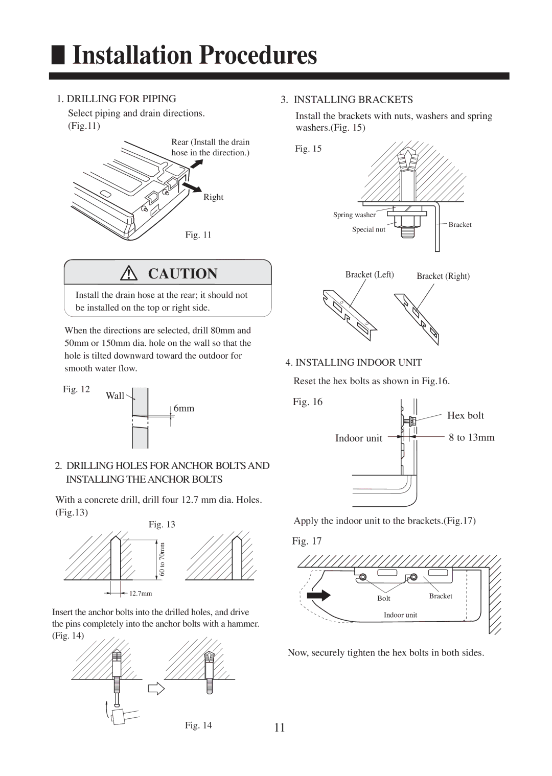 Haier AC142ACERA Select piping and drain directions, Wall, With a concrete drill, drill four 12.7 mm dia. Holes 