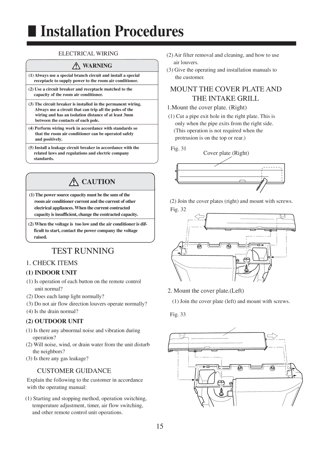 Haier AC142ACERA, AC182ACEAA Mount the Cover Plate Intake Grill, Check Items, Customer Guidance, Electrical Wiring 