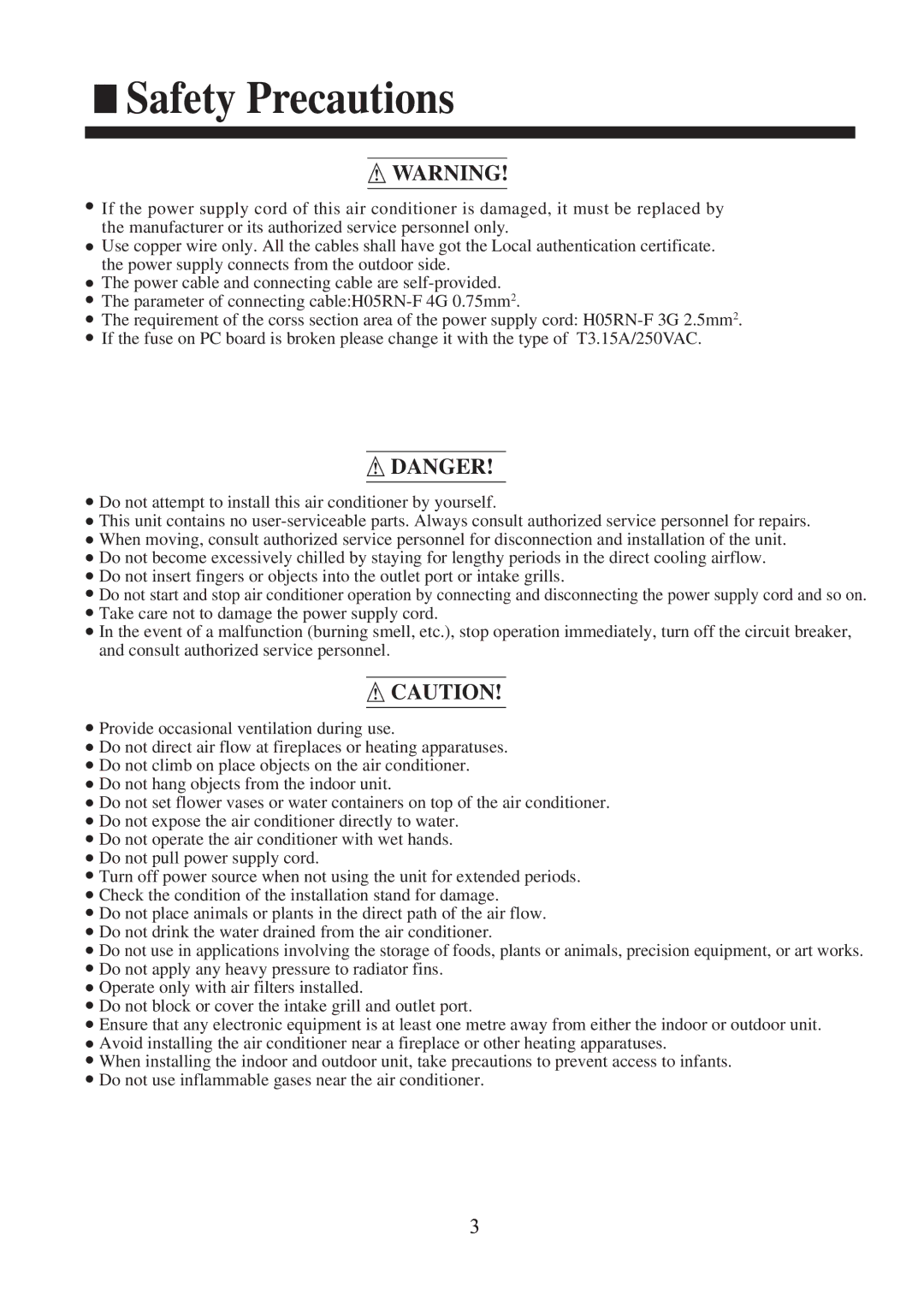 Haier AC142ACERA, AC182ACEAA, AC142ACEAA, AC242ACEAA installation manual Safety Precautions 